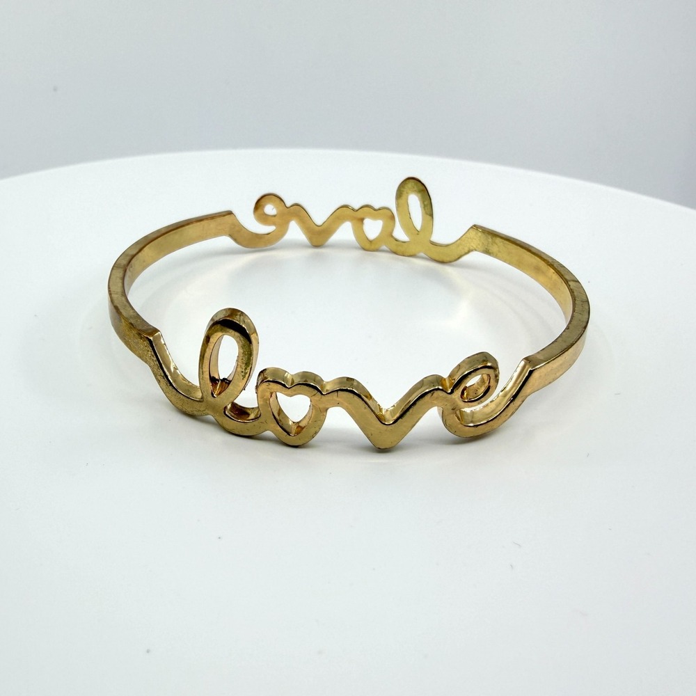 Gold Tone Love Script Bangle Bracelet Heart Detail Word Art Minimalist Stackable